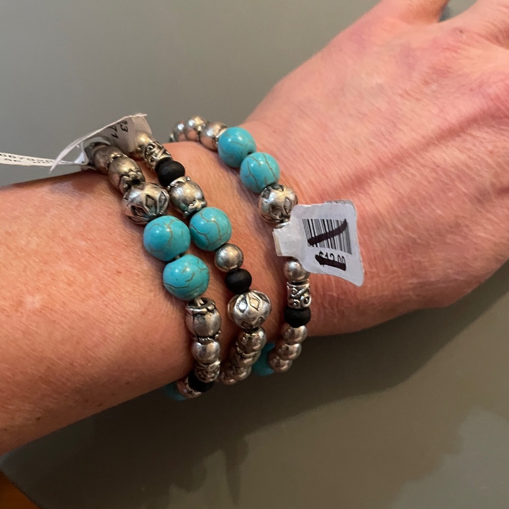 Free People Beaded Turquoise Silver-tone Stretch Bracelets, Lot of 3, NWT! - Picture 9 of 16